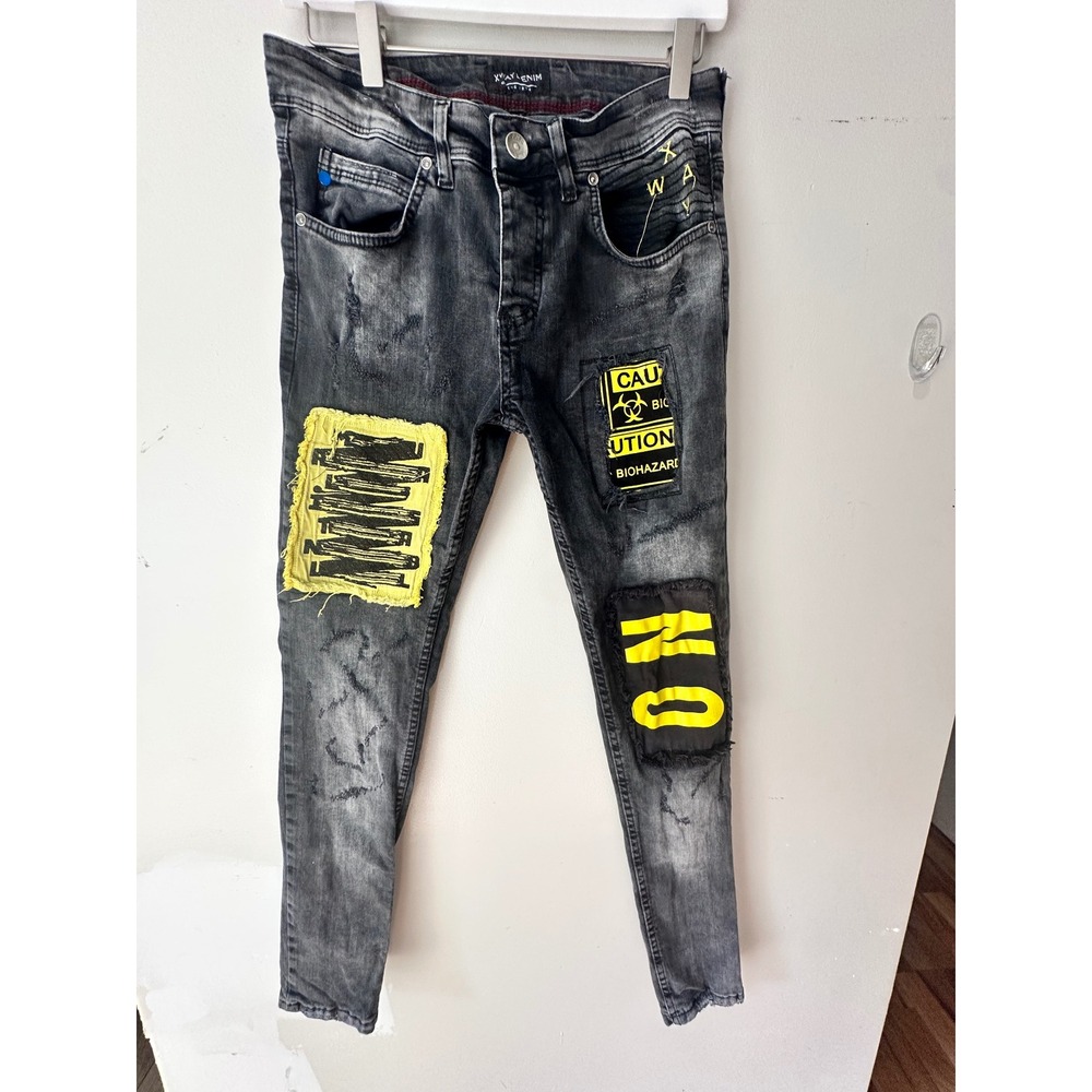 X-Ray Denim Mens Slim  Graphic Patch Jeans Faded Black Yellow Streetwear 28x28
